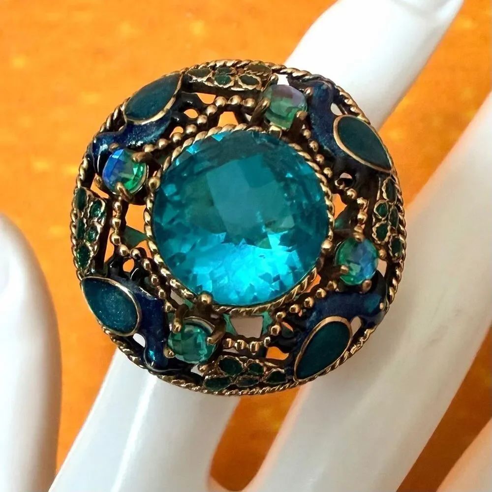 Sajen Peacock Dome Ring Bronze Blue Enamel Crystal Statement Ring - Picture 10 of 13